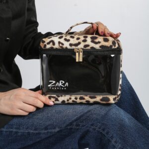 کیف لوازم آرایشی چمدانی طلقی طرح پلنگی